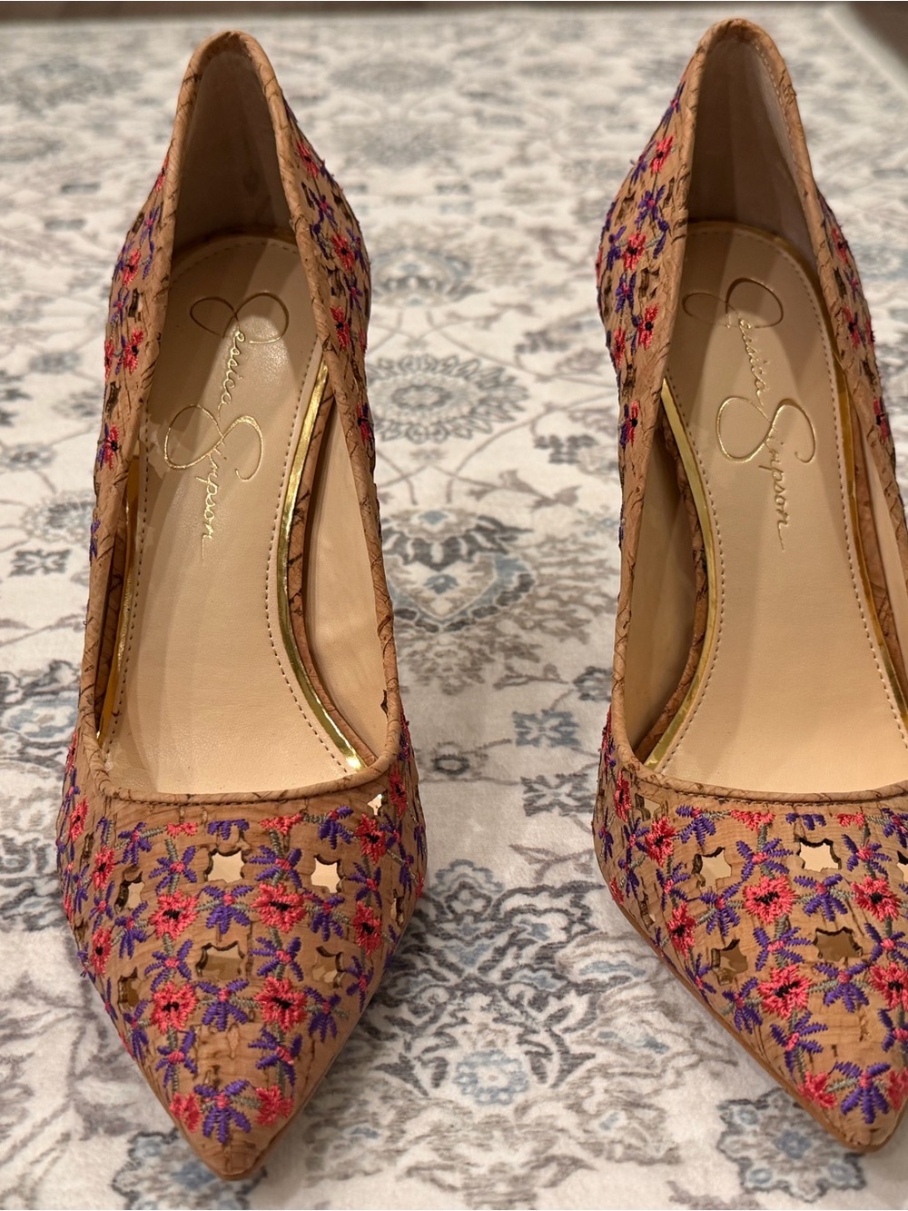 Jessica Simpson Tan Pumps with Pink & Purple Floral Embroidery